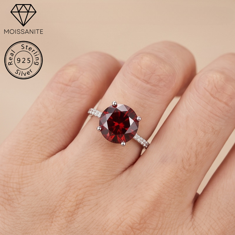 5-Carat Red Moissanite Micro-set Four-claw Ring in 925 Silver